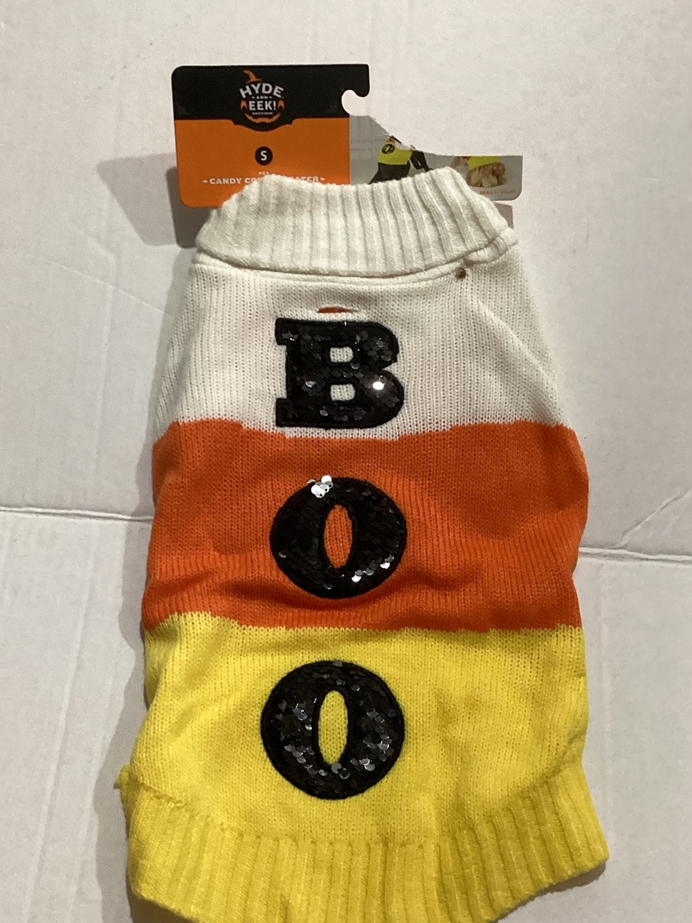Hyde & EEK! Candy Corn 'BOO' Pet Sweater - White, Orange, Yellow